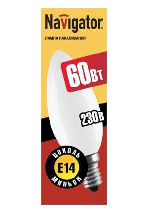 Стандартная лампа накаливания  Navigator  В35  60Вт  230В  E14 (кратно 10)